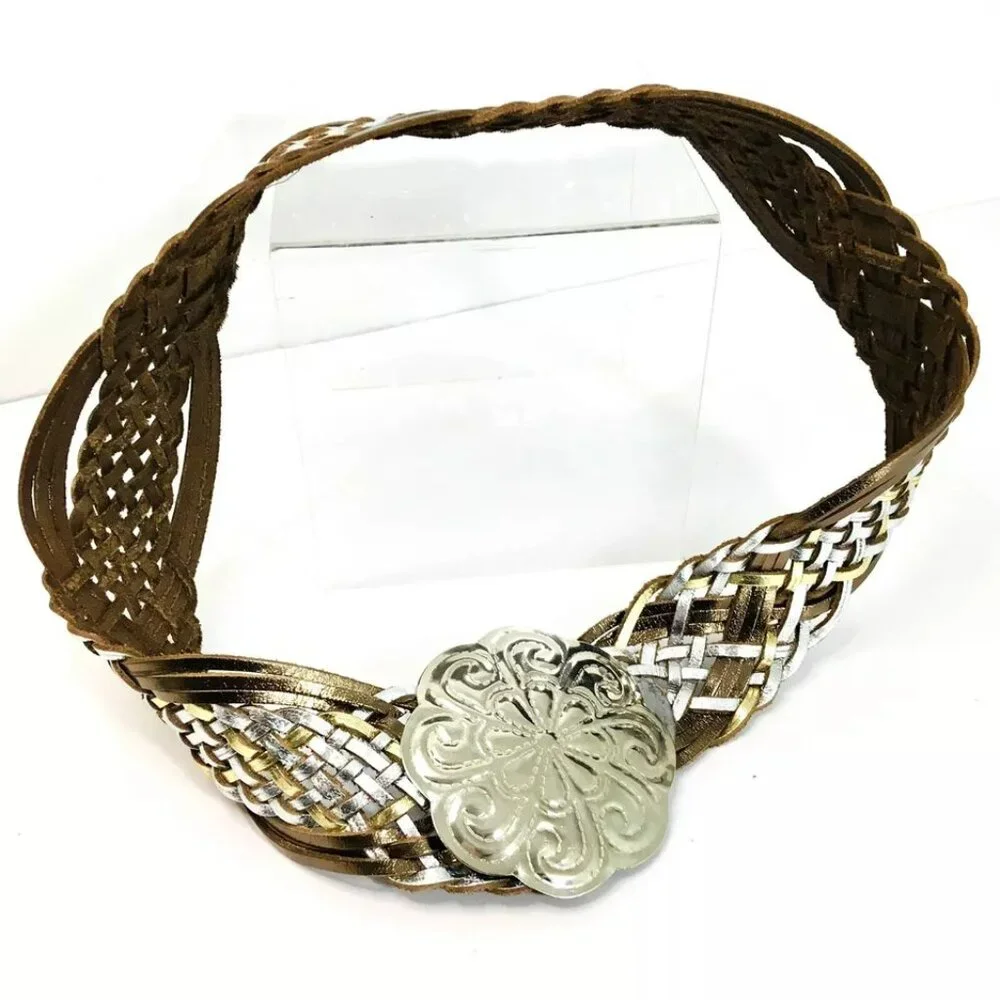 Metallic Silver Gold Braided Leather Sz S Belt 36” Large Metal Medallion Closure